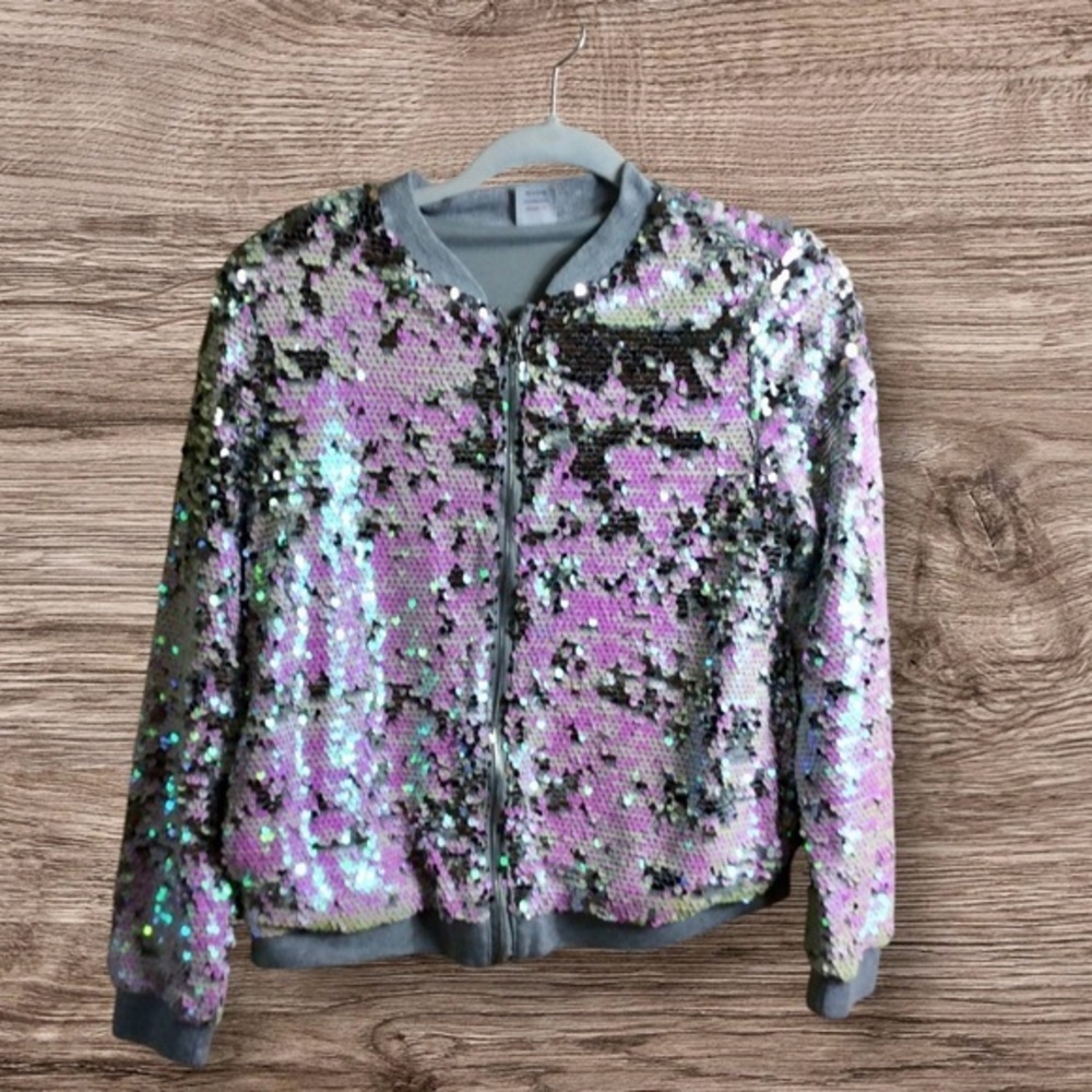 Wonder nation, silver sequin, gray glitter sweatshirt, jacket. XL 14–16.